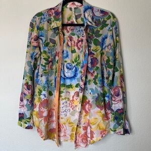 ARATTA Silent Journey Womens Tunic Top w Pockets Floral Velvet Trim Large | EUC